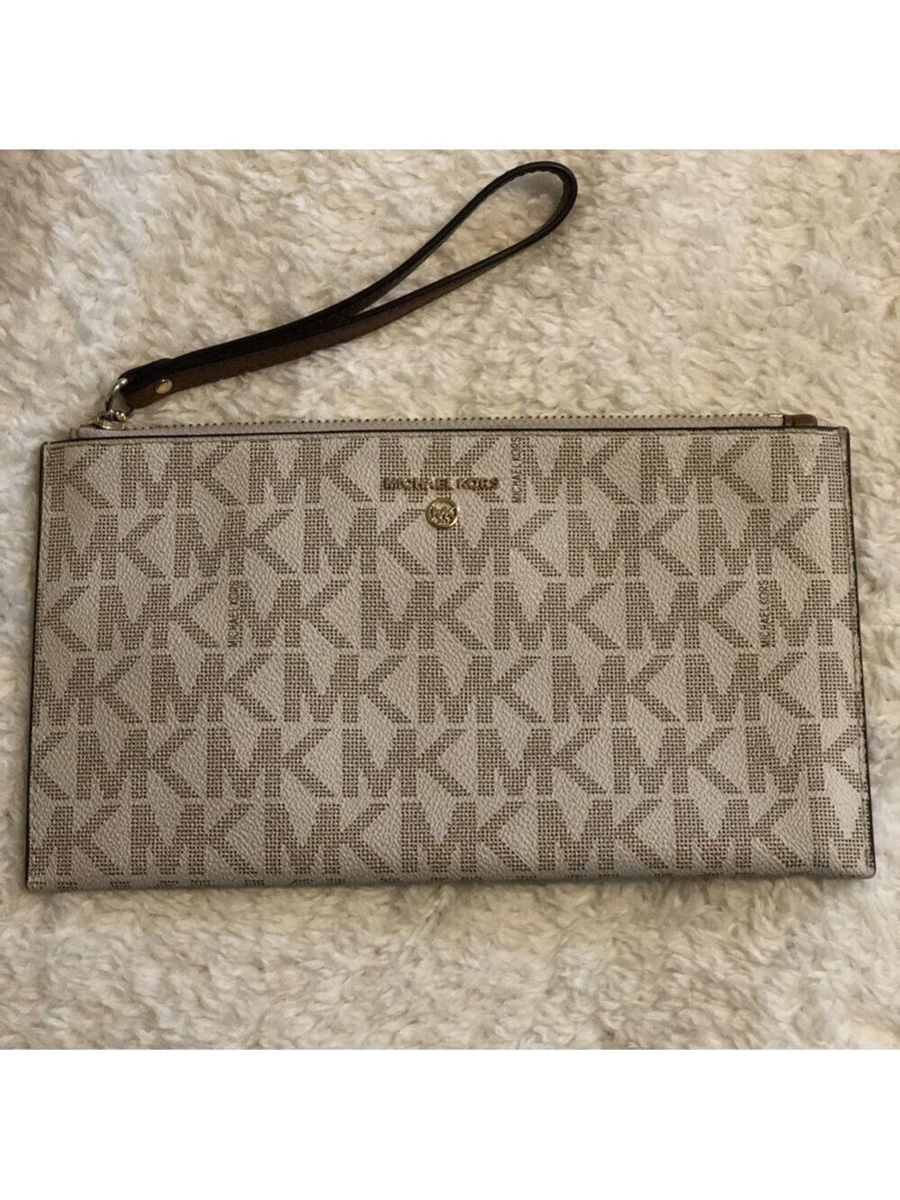 Michael Kors Jet Set Travel Leather Logo Large Zip Clutch Wristlet Wallet